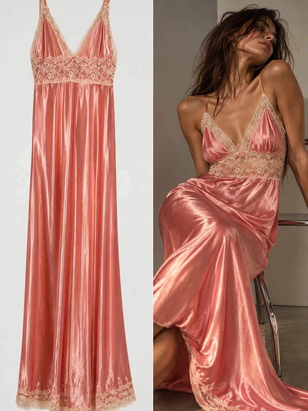 Vintage Pink Satin Lace Maxi Slip Dress Nightgown